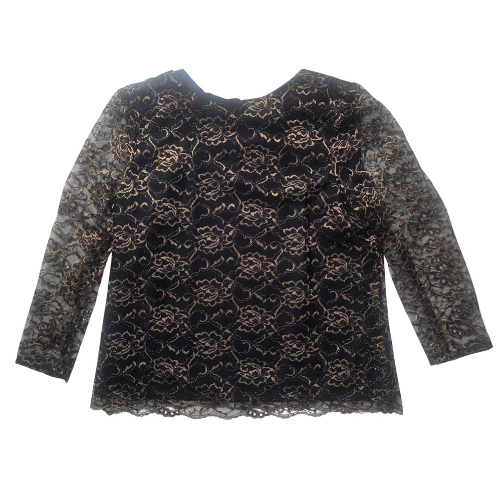 Vintage 80s Boston Maid Black Gold Floral Metallic Lace Blouse Top Plus Size 18
